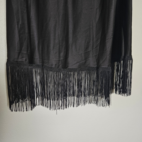 Cheibear Long Black Satin Gown Fringe Hem - Picture 4 of 7